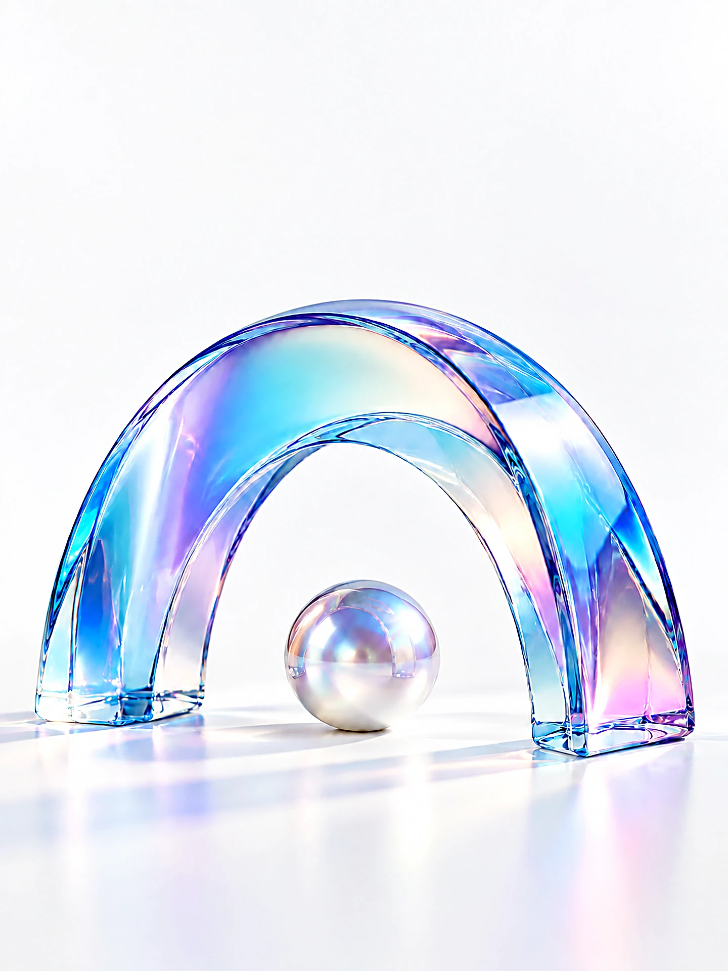 A glass arch with a pearl sphere passing beneath it